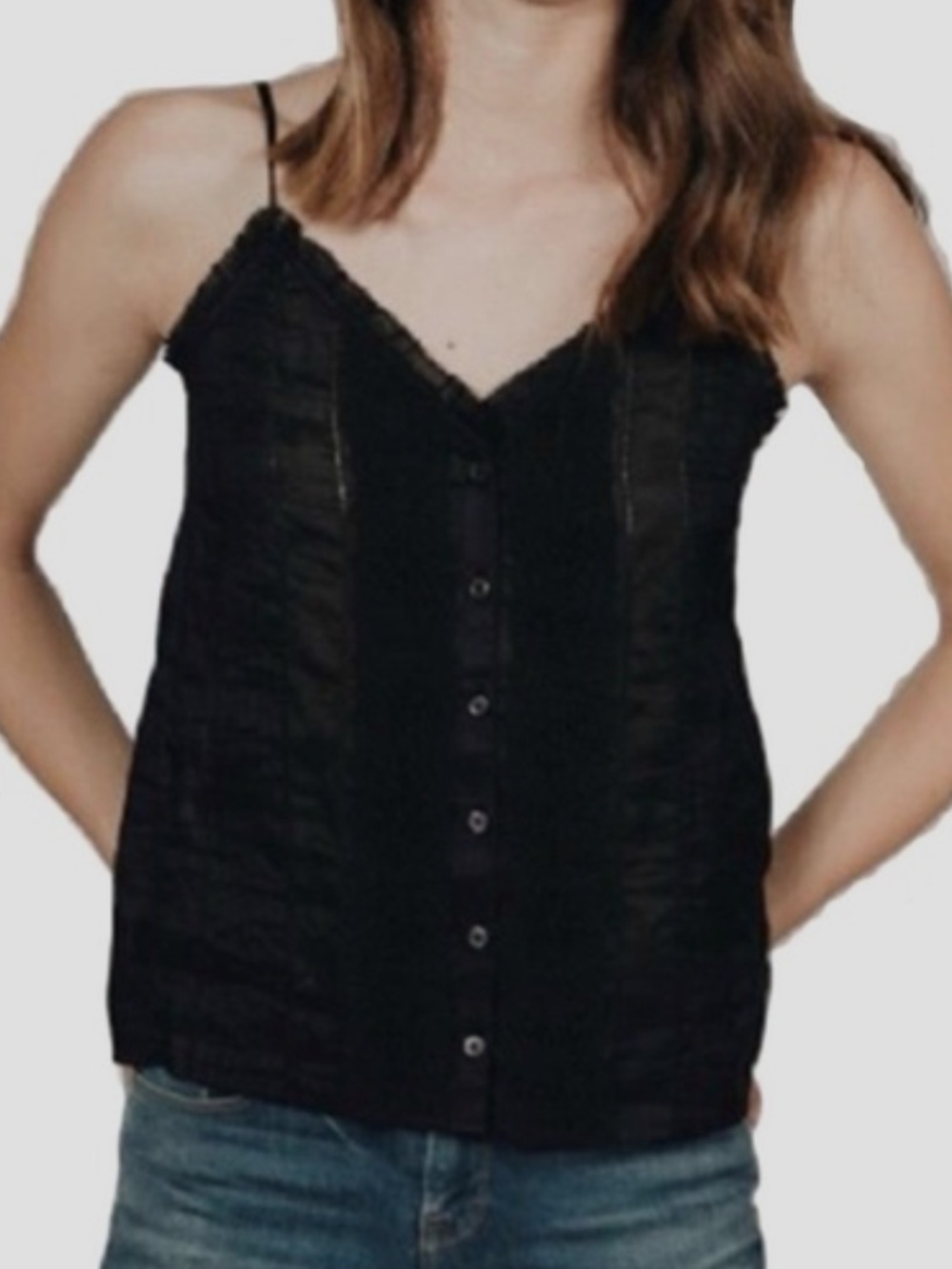Frame Black Lace-Front Button Ramie Cami